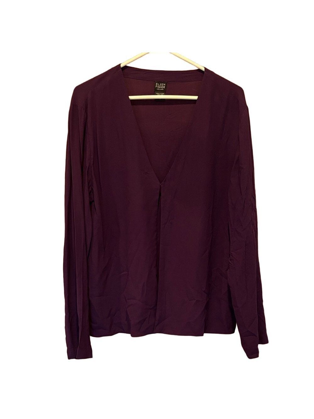 Eileen Fisher Plum Purple 100% Silk Open Front Single Hook Eye Closure Top - M